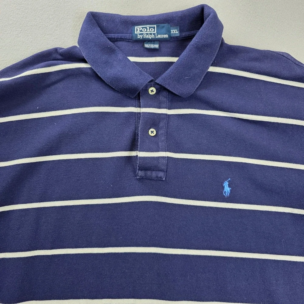 Polo Ralph Lauren Mens XXL Navy Blue White Striped Short Sleeve Pique Polo Shirt